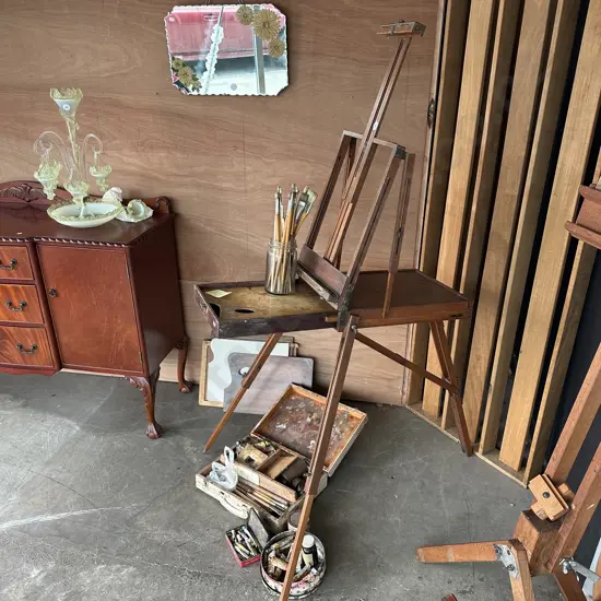 1930s artist travel easel  with brushes, oils and case etc. Provenience provided