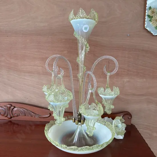 Victorian opalescent vaseline art glass epergne - incomplete