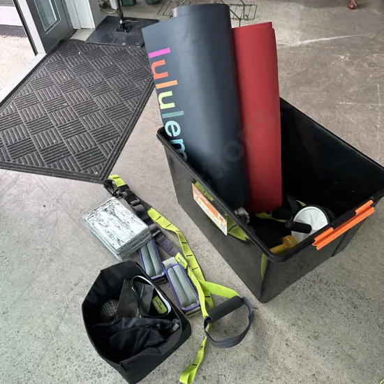 bin of mats, active suspension kit, ankle weights, rollers etc