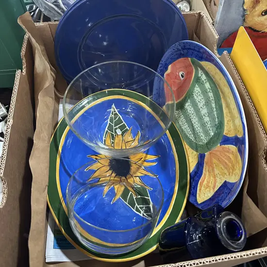 Box lot with bowls, platters and vase etc.