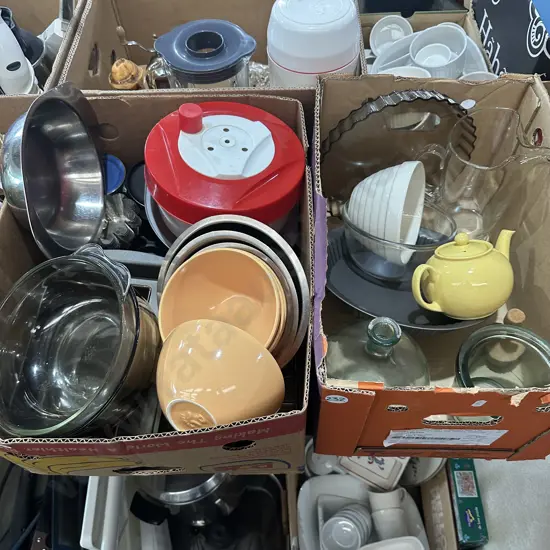 Two boxes mixing bowls, baking, water jug etc.