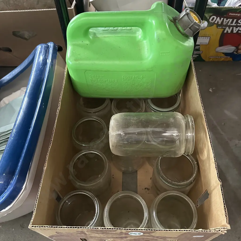 Box of jars plus jerry can and contents. Image 1++