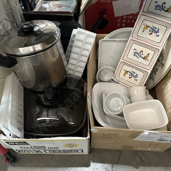 Two boxes stock pot, electric frying pan, serving plates etc.