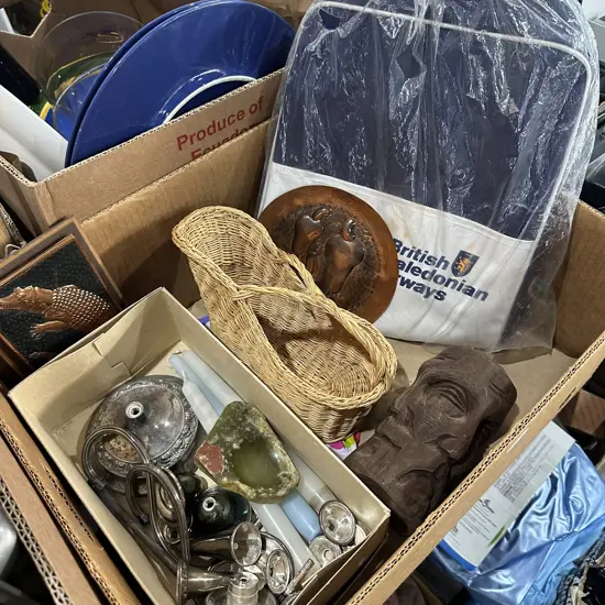 Box of silverware and collectables.