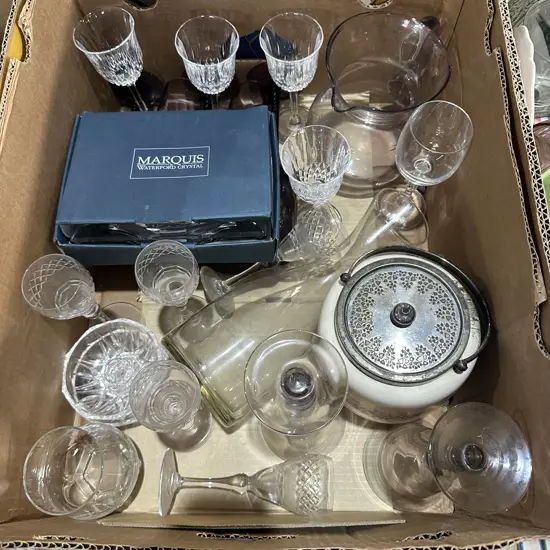 Box Waterford crystal photo frame, glassware and Royal Doulton etc.