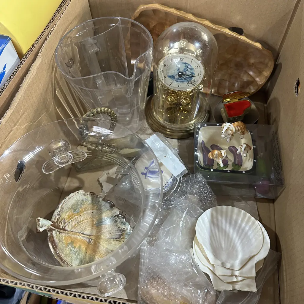 Box lot with clock, Solid brass figure, shells and pottery etc. Image 1++