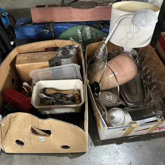 Two boxes lamps, xmas lights, black caps pads etc.