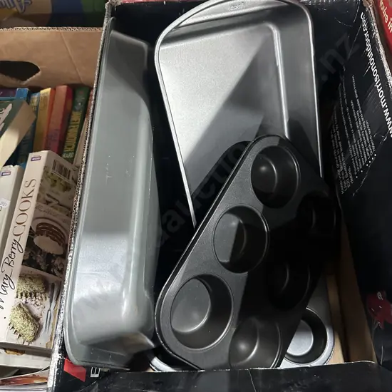 Box of baking and muffin tins.