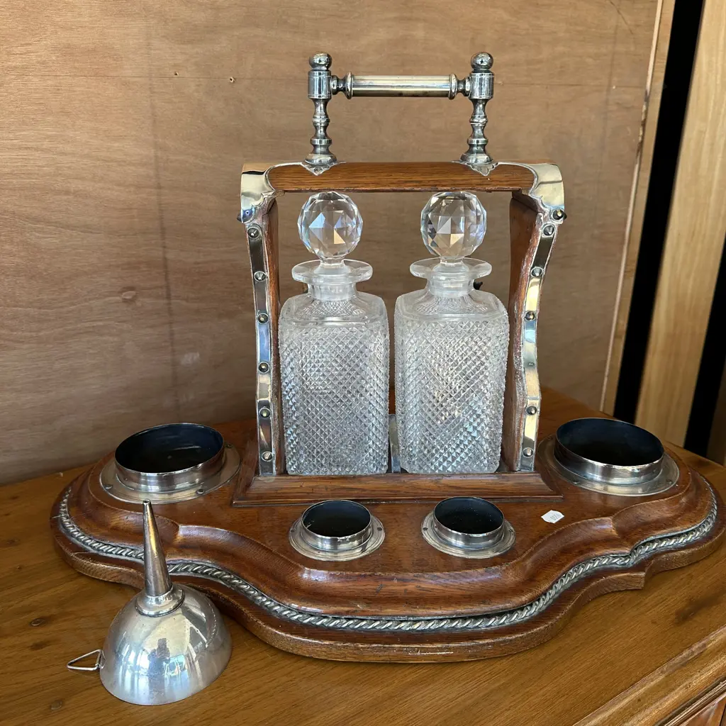 Twin decanter tantalus with wine bottle & wine glass provision on large 58cm base, plus sieve Image 1++