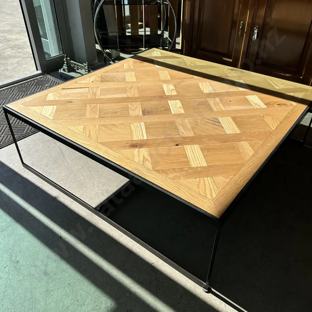 Parquet style Oak coffee table on metal base 12000 x 1200 Image 1++