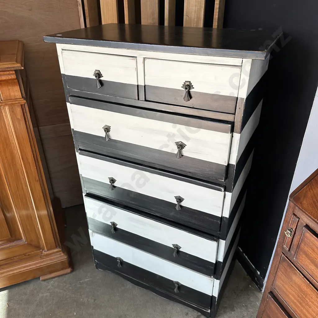 Ex Birdwoods solid Rimu tallboy with Art Deco draw pulls in a Magpies style Image 1++