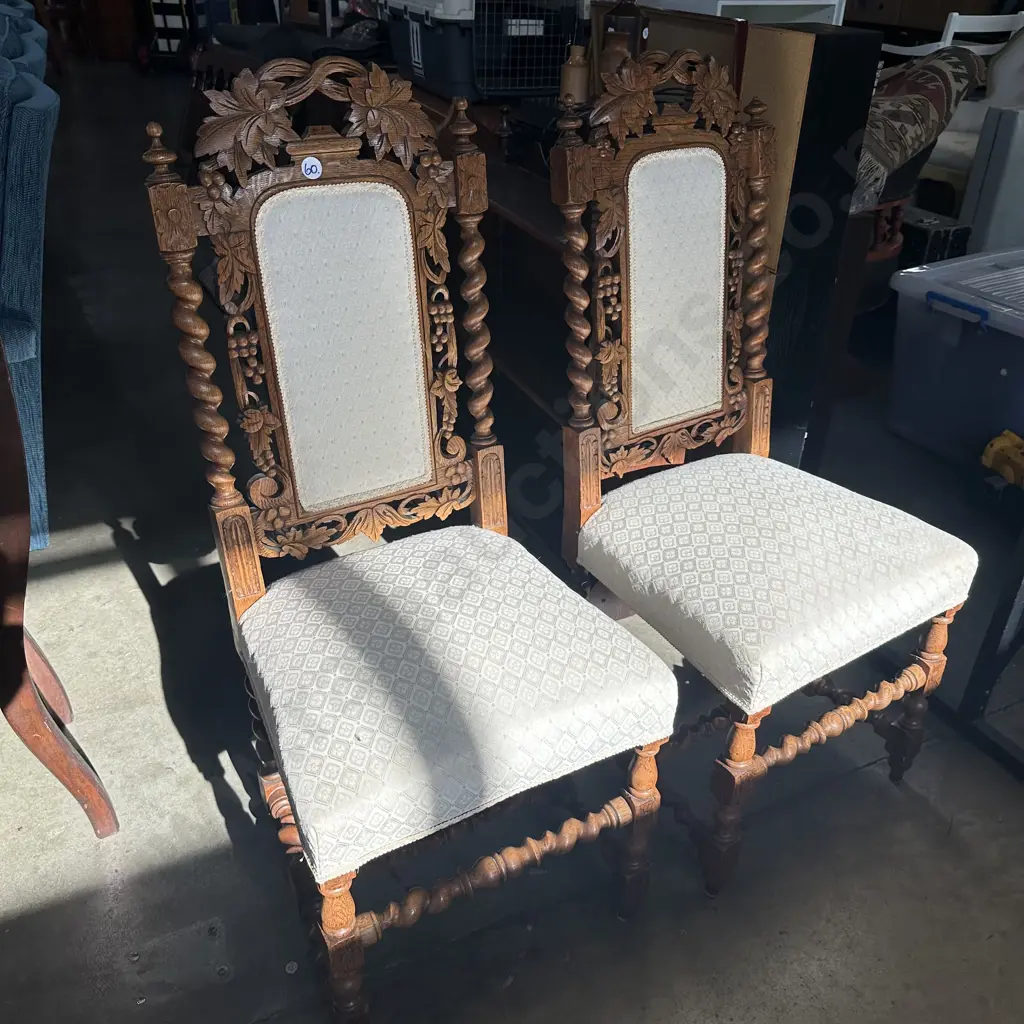 Pr of carved Oak high back barley twist chairs Image 1++