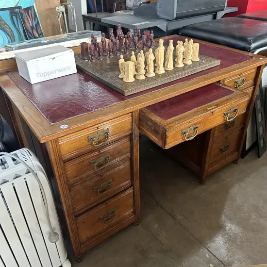 antique oak writing desk with leather insert