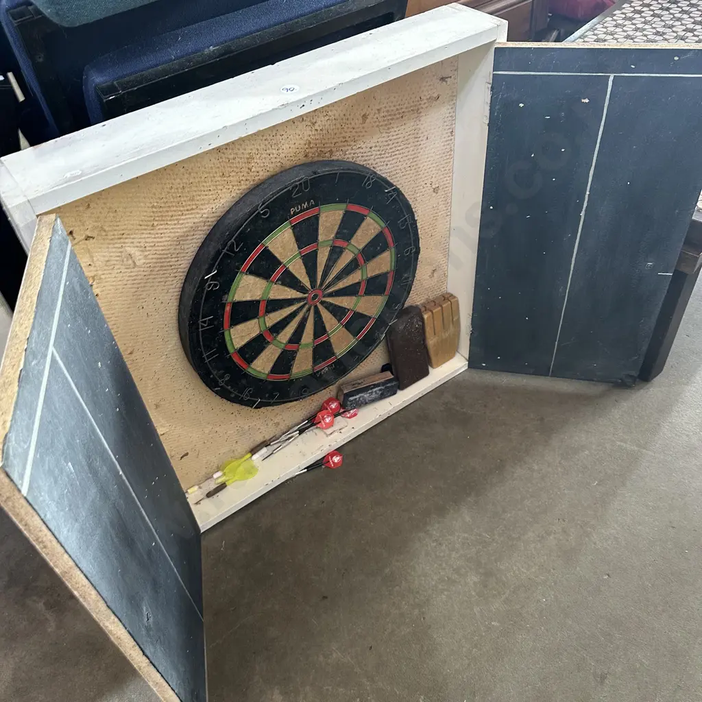 dart board and cabinet plus step up and vintage fan heater Image 1++