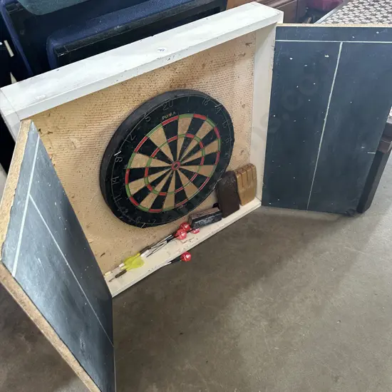 dart board and cabinet plus step up and vintage fan heater