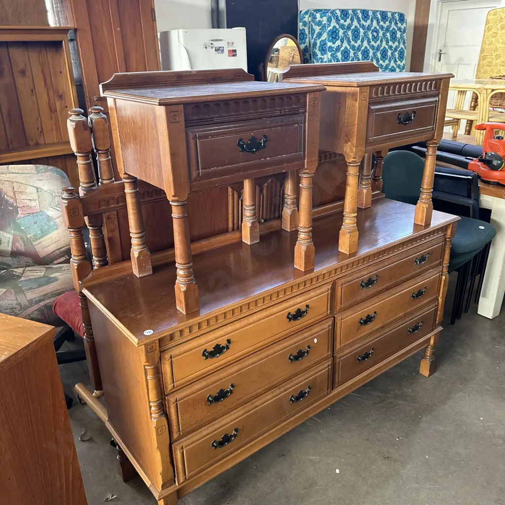 solid wooden chest drawers, Pr bedside , headboard and mirror Image 1++