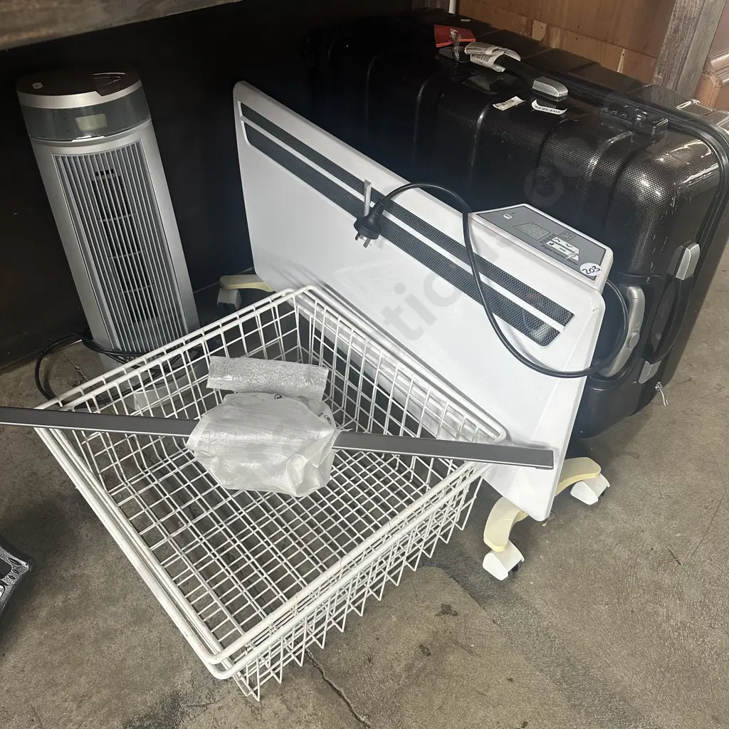 suitcase, heaters, wire baskets and TV bracket Image 1++