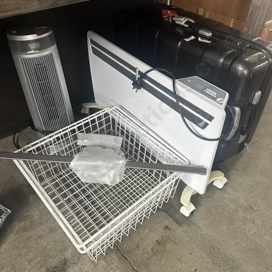 suitcase, heaters, wire baskets and TV bracket