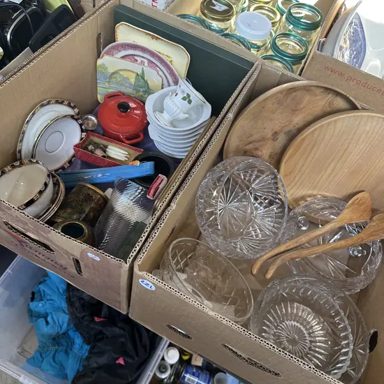 Two boxes crystal bowls, native timber bowls and servers, english china etc.