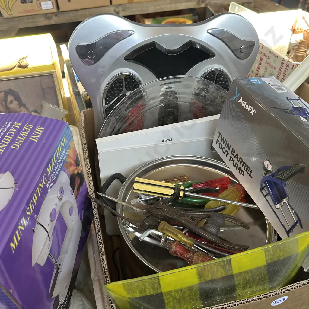 Box lot including tools, mini sewing machine, servers. Image 1++