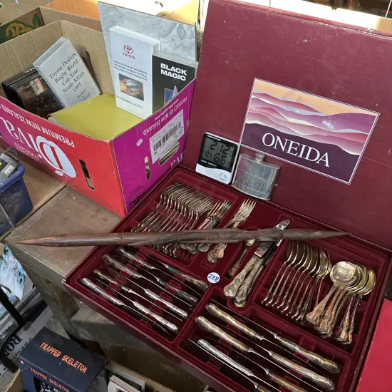 Boxed cutlery set plus carved wooden spear, hip flask etc.