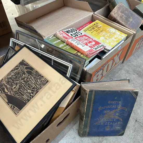 Three boxes books, pictures and frames.