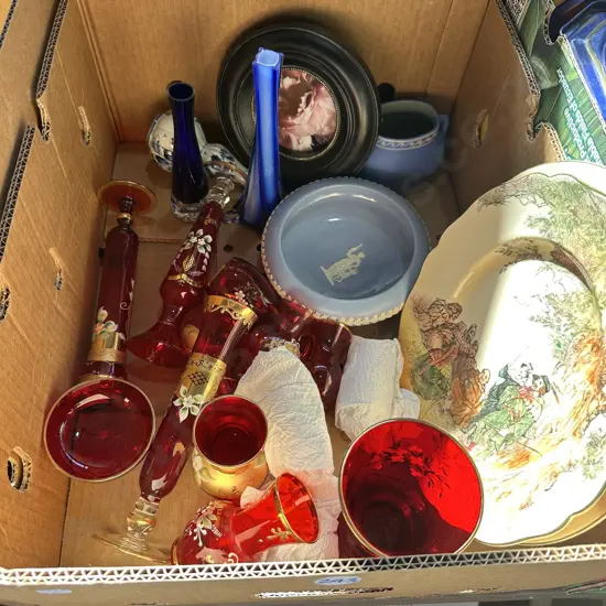 Box of collectables, Royal doulton plates etc.