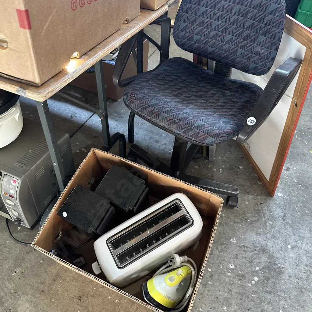 Office chair, speakers, toaster and iron. Image 1++