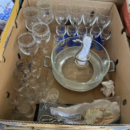 Box lot glass bowl, nickelware, glasses.