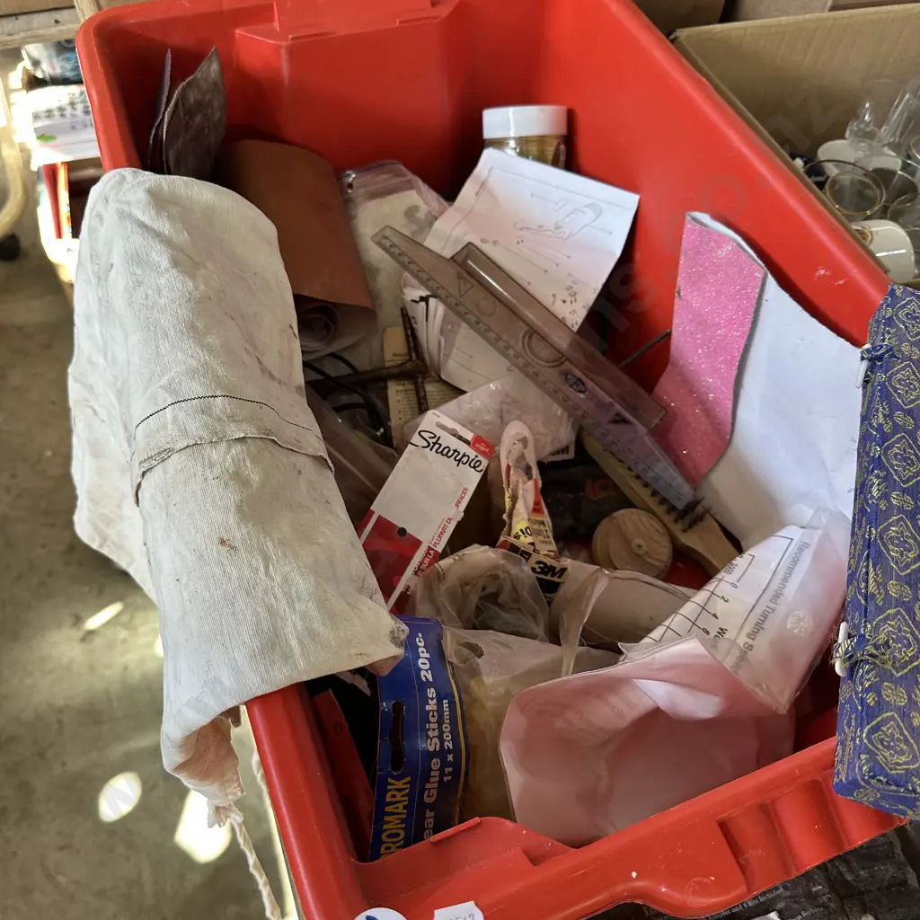 Large bin including impact driver, drill bits, Lithium battery, apron etc. Image 1++