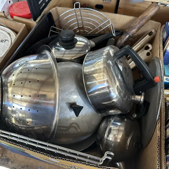 Box lot of pans, pot and camp kettle etc.