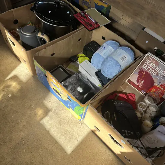 Three boxes of assorted items.