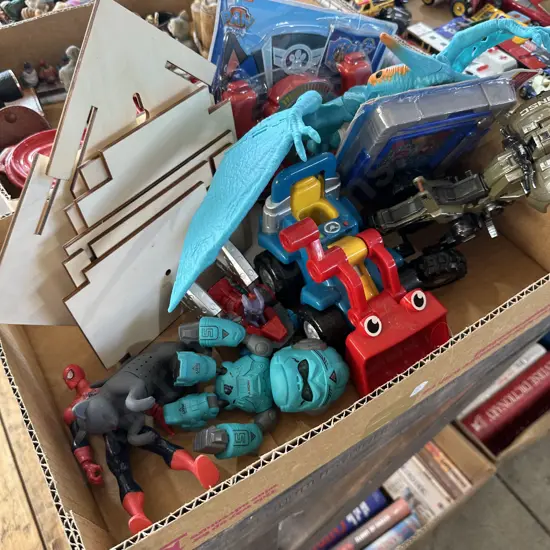 Box of toy figures etc.