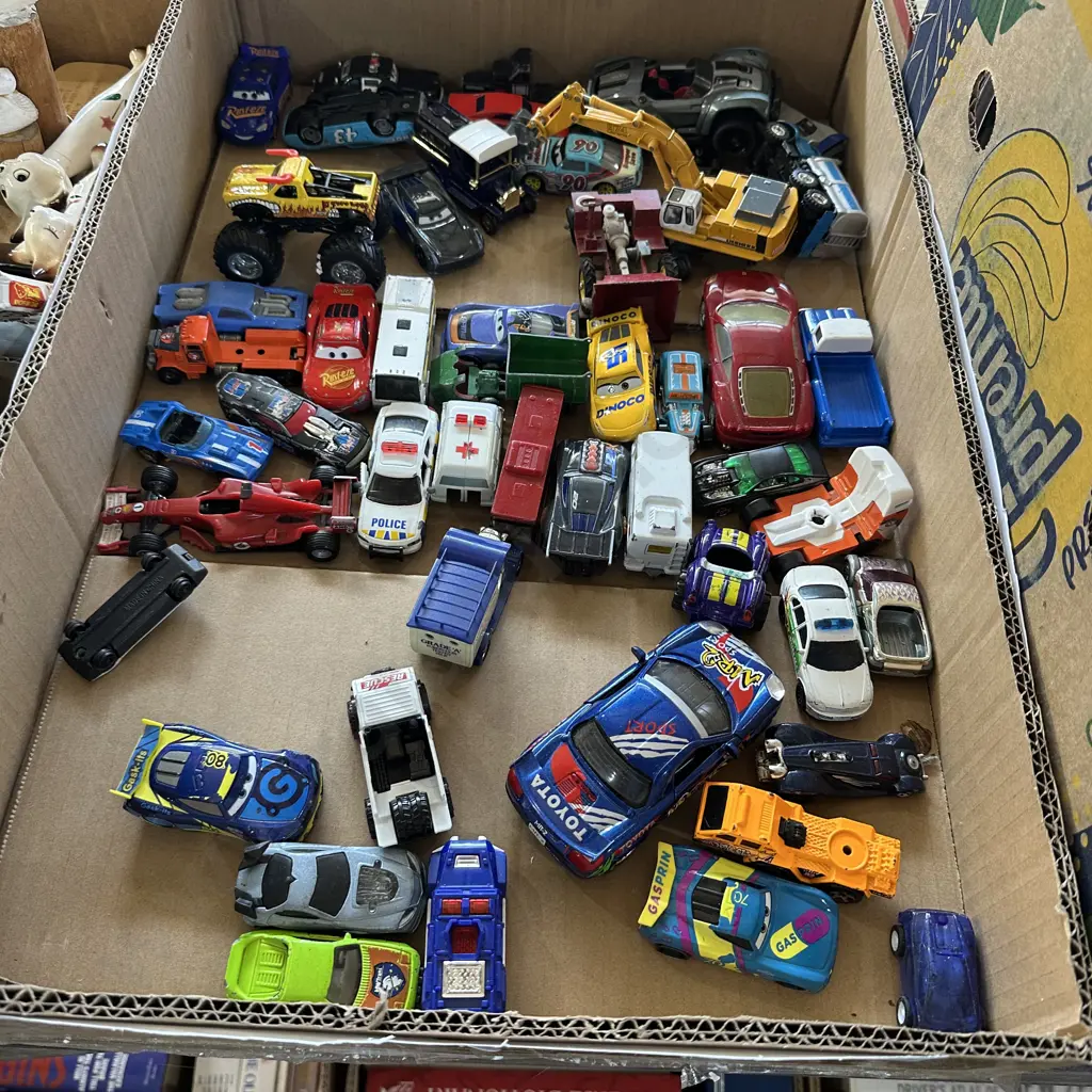 Box of toy cars, digger etc. Image 1++