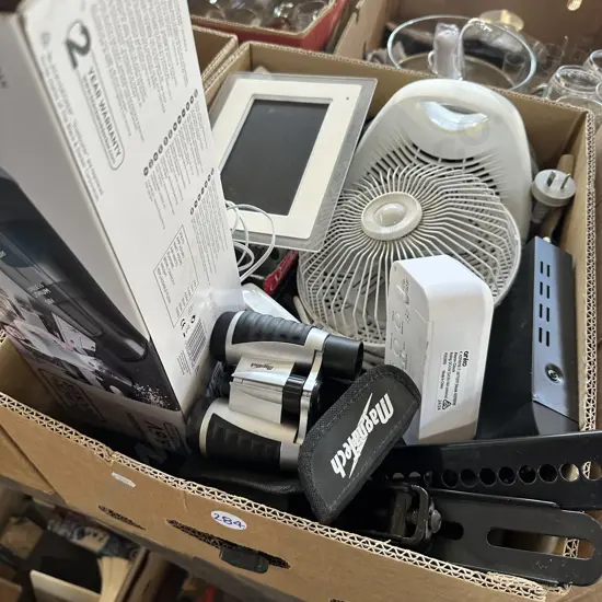 Box lot handy vac, binoculars, fan, fan heater etc.