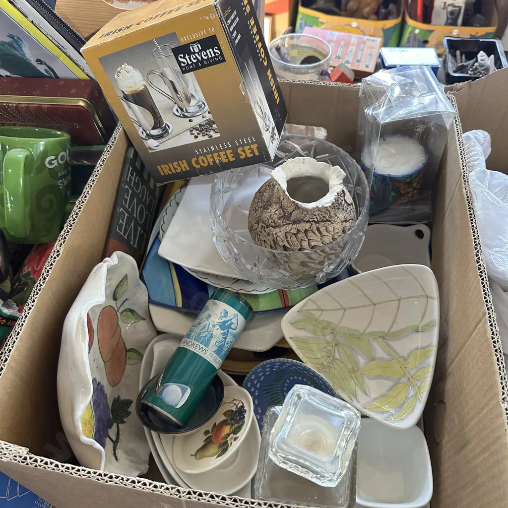 Box lot decanter, new s/s coffee set, candle, plates etc. Image 1++