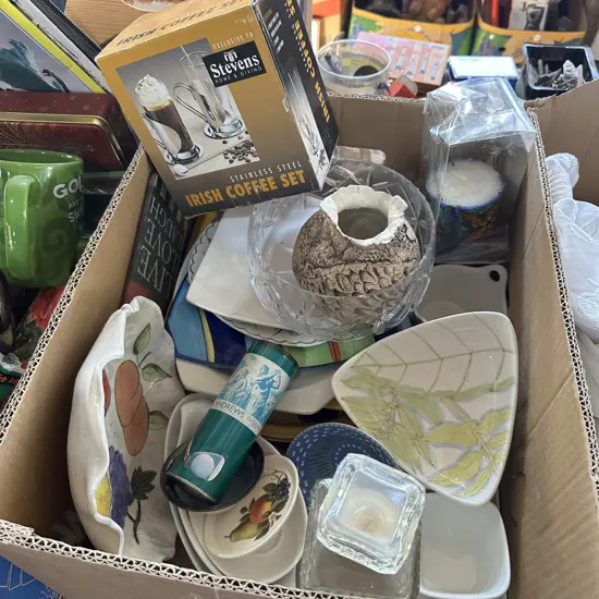 Box lot decanter, new s/s coffee set, candle, plates etc.