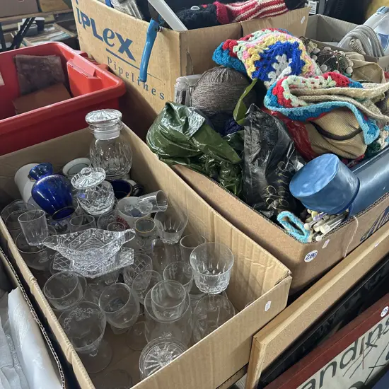 Two boxes wool and crochet, knitting needles and glassware etc.