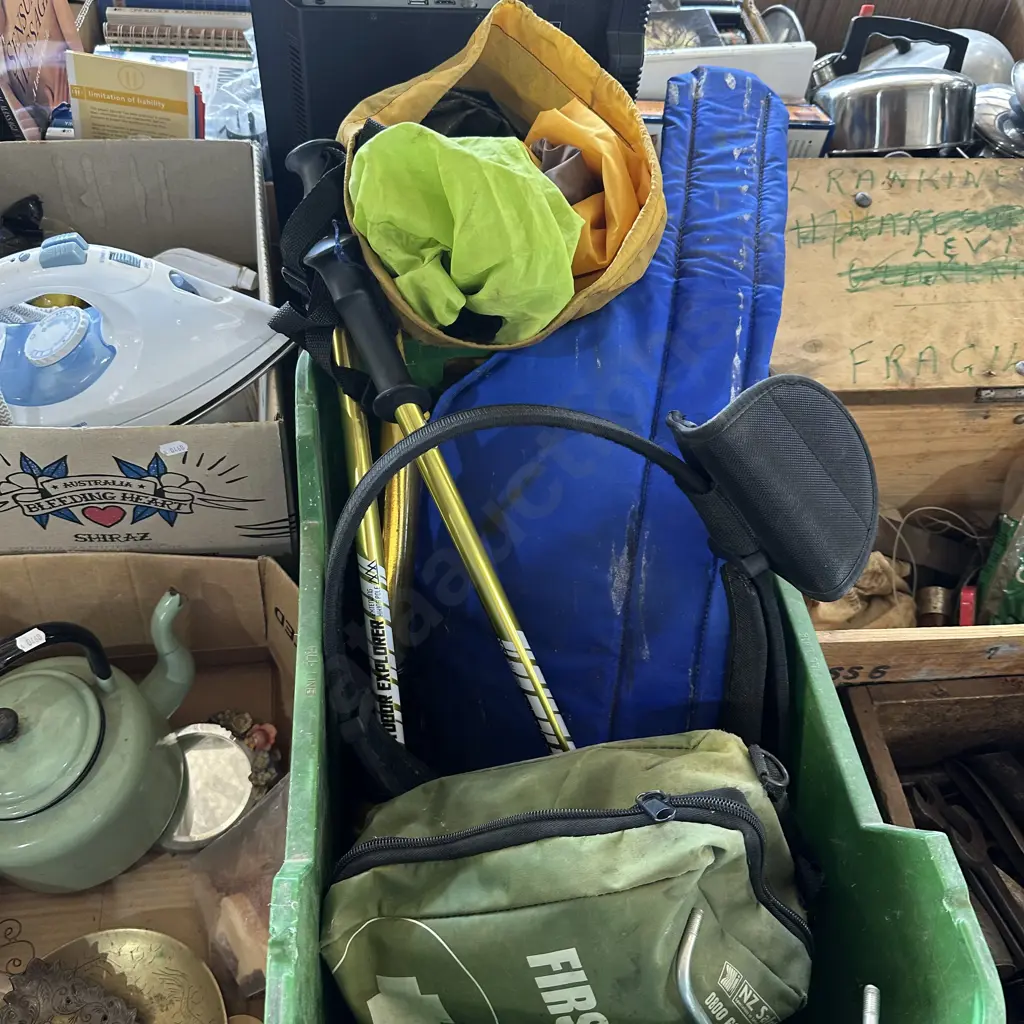 Apple crate with restraint belt, hiking poles, waste holding tank tablets etc. Image 1++