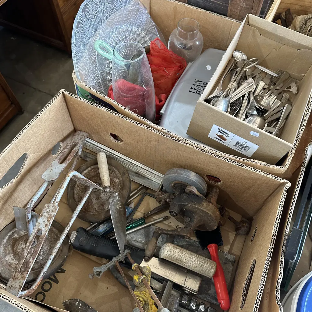 Two boxes old tools and hand grinder, large servers and cutlery etc. Image 1++