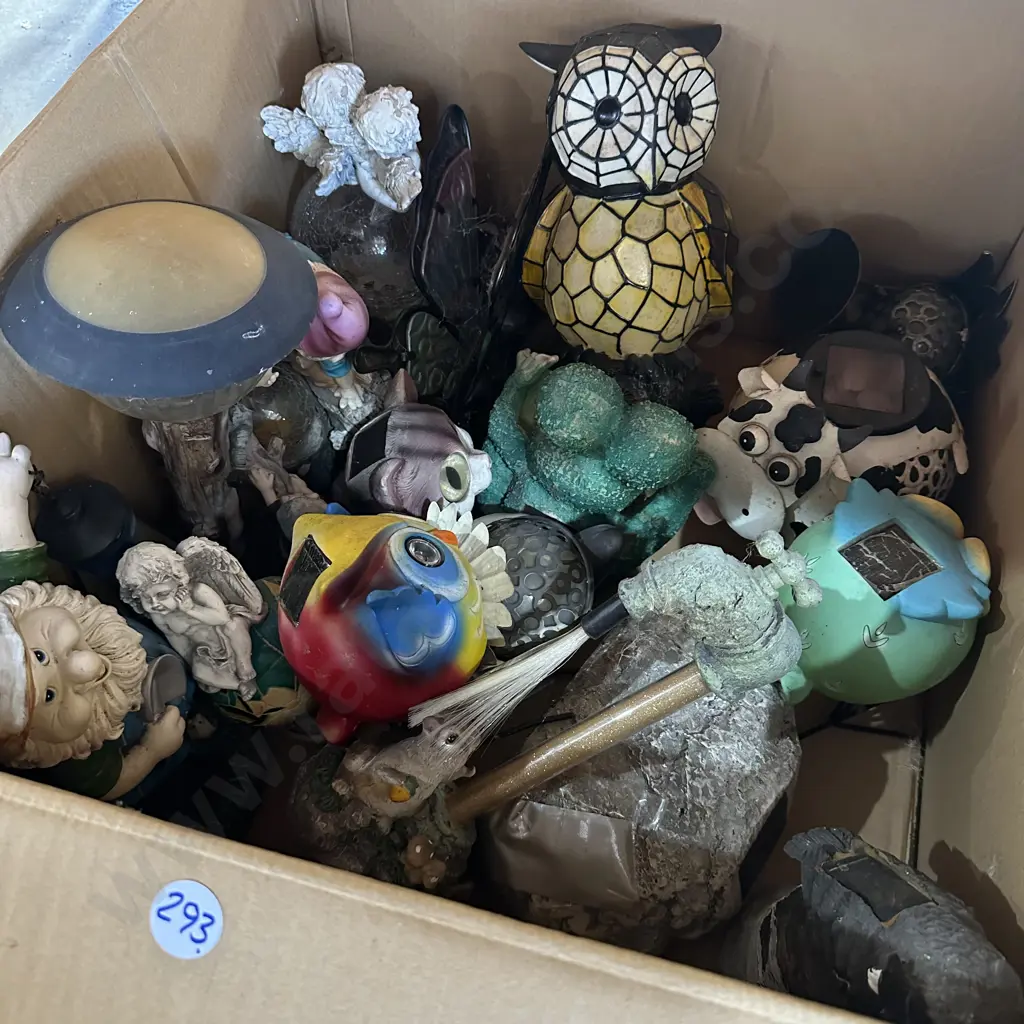 Large box of outdoor ornaments and solar lights. Image 1++