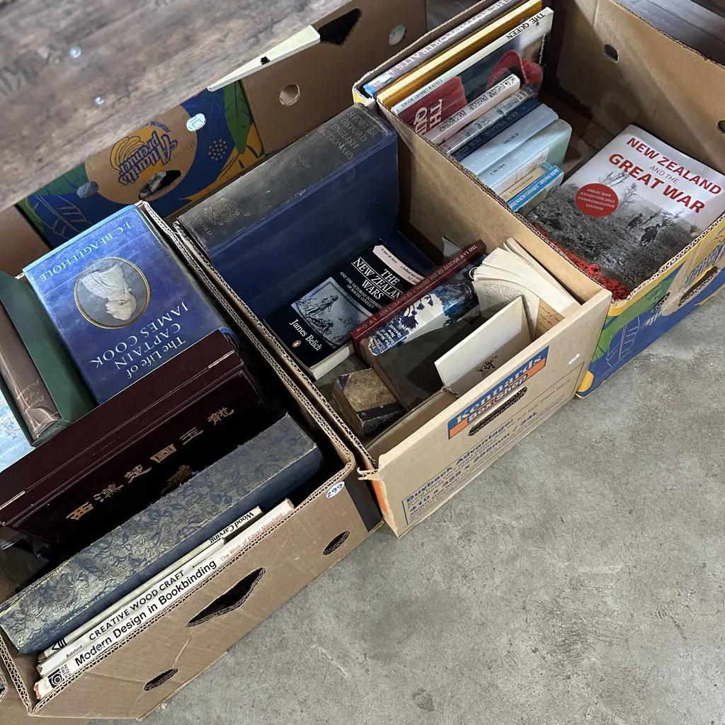 Three boxes of old books plus two cases. Image 1++