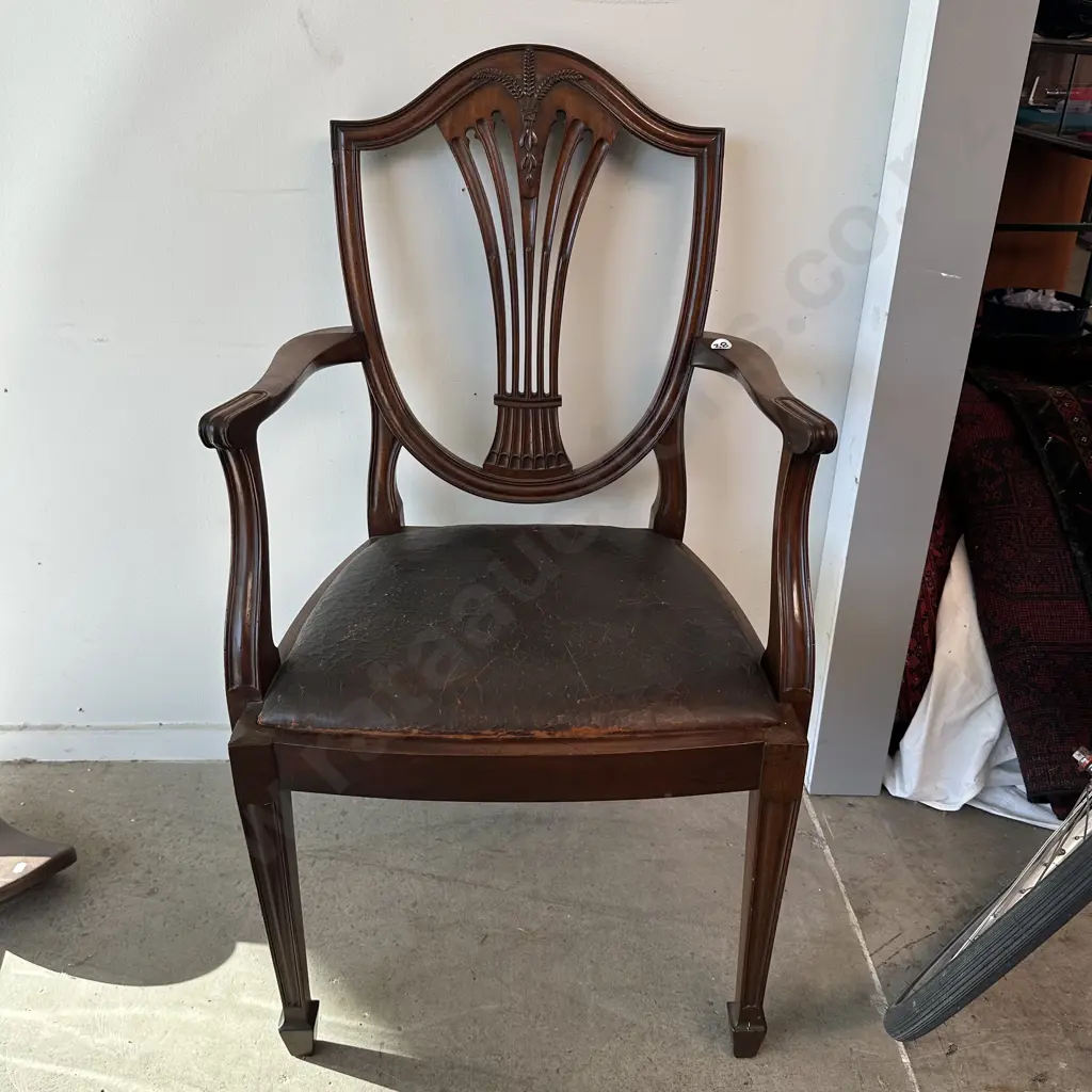 Hepplewhite style Mahogany Edwardian carver chair with distressed leather seat Image 1++