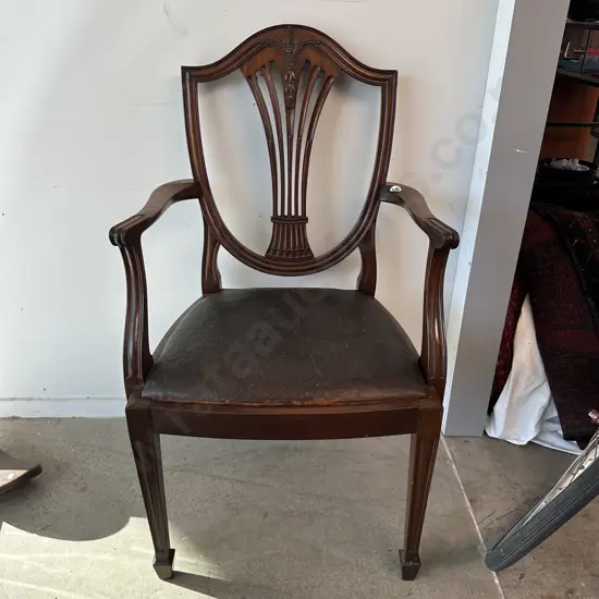 Hepplewhite style Mahogany Edwardian carver chair with distressed leather seat