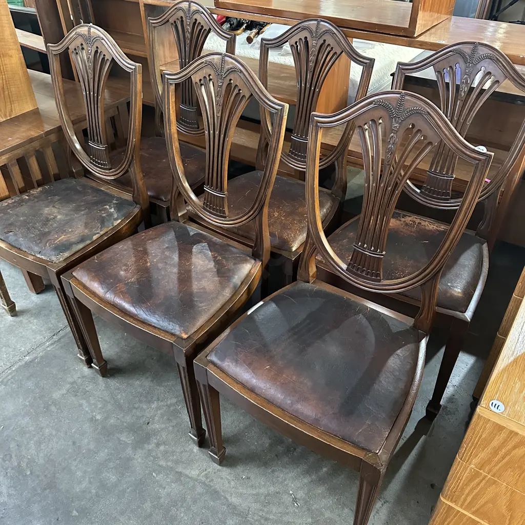 6 x Hepplewhite style Mahogany Edwardian dining chairs with distressed leather Image 1++