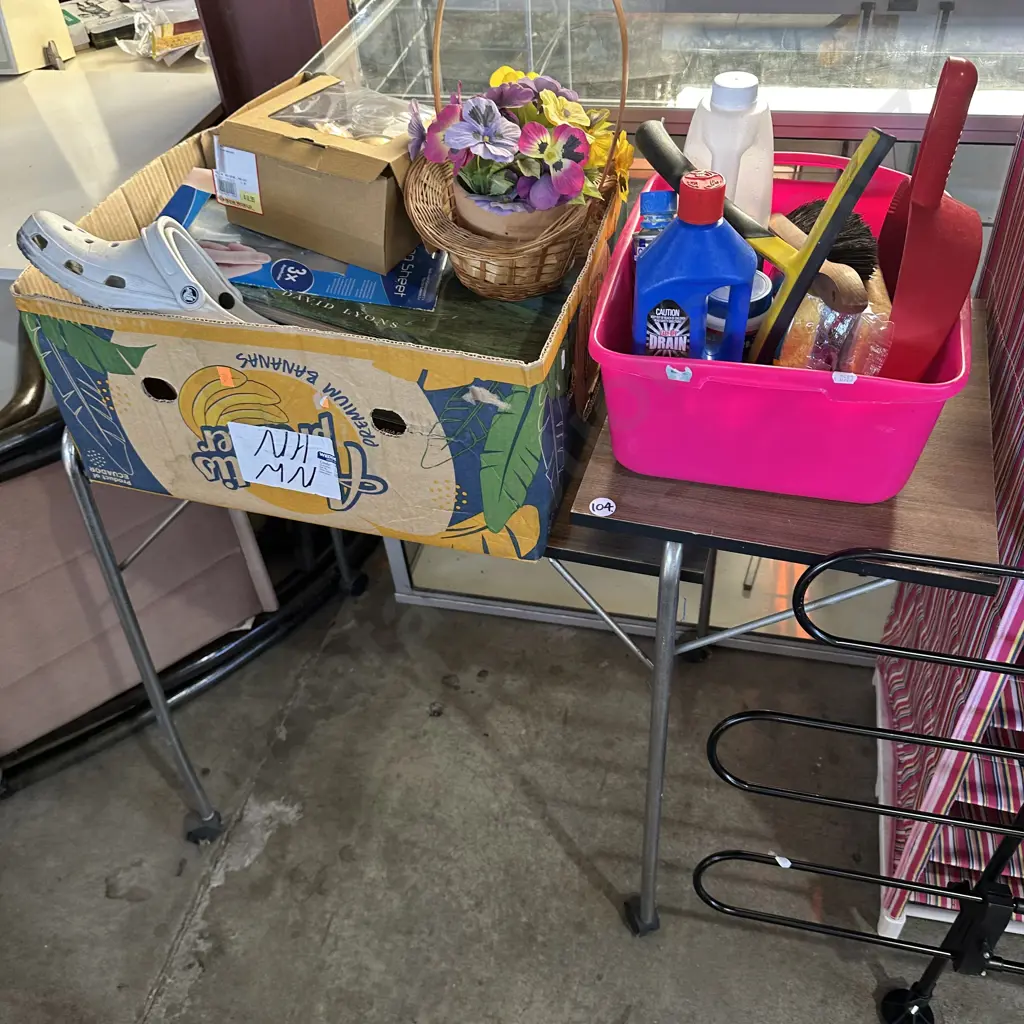 trolley table, box lot inc CROCS plus cleaning products Image 1++