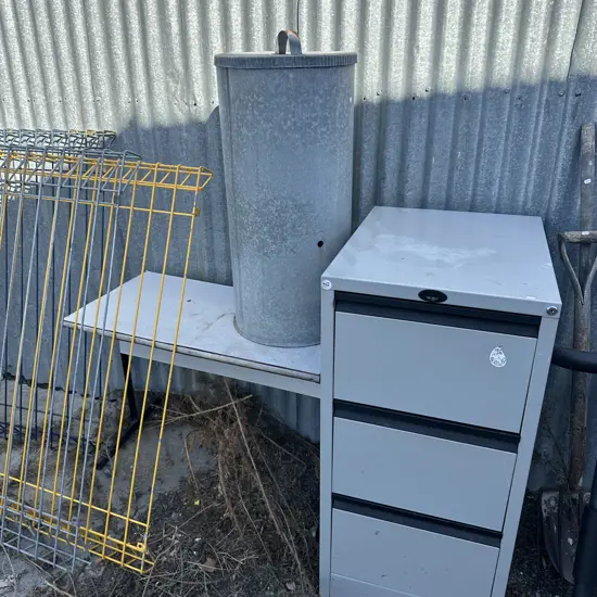 wine stand, trash can, desk, file cabinet (all must be taken)