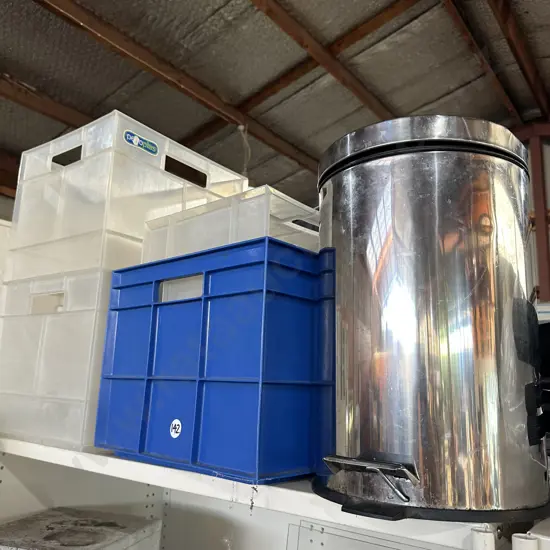 stacking cubes and rubbish bin