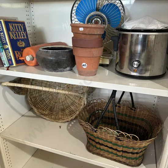 2 shelf lots inc wicker baskets and rice cooker