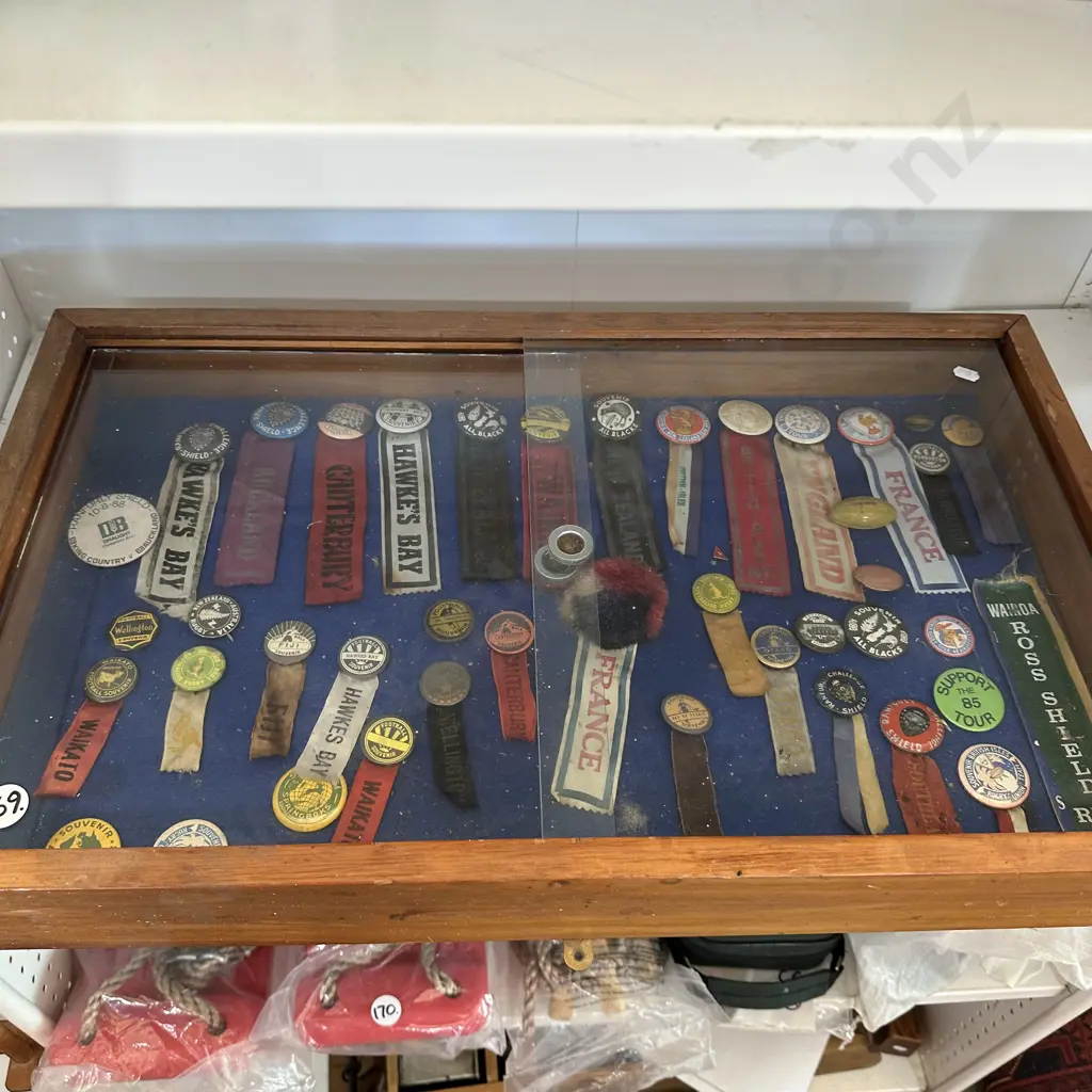 vintage rugby badges and display case Image 1++